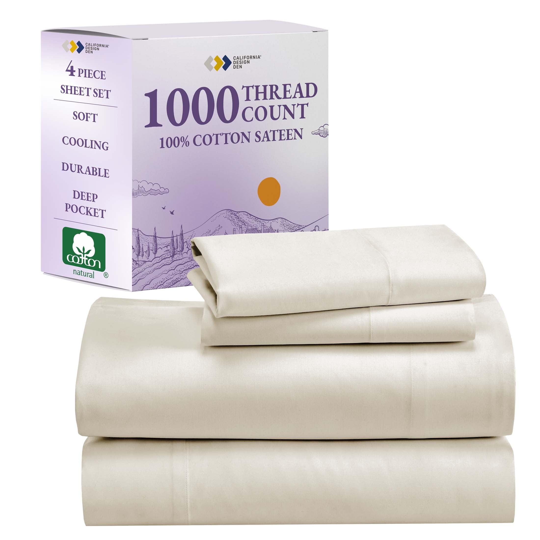 Luxury 1000 Thread Count Bed Sheets Set - 100% Cotton Sateen - Soft, Thick & Deep Pocket by California Design Den - Ivory, King