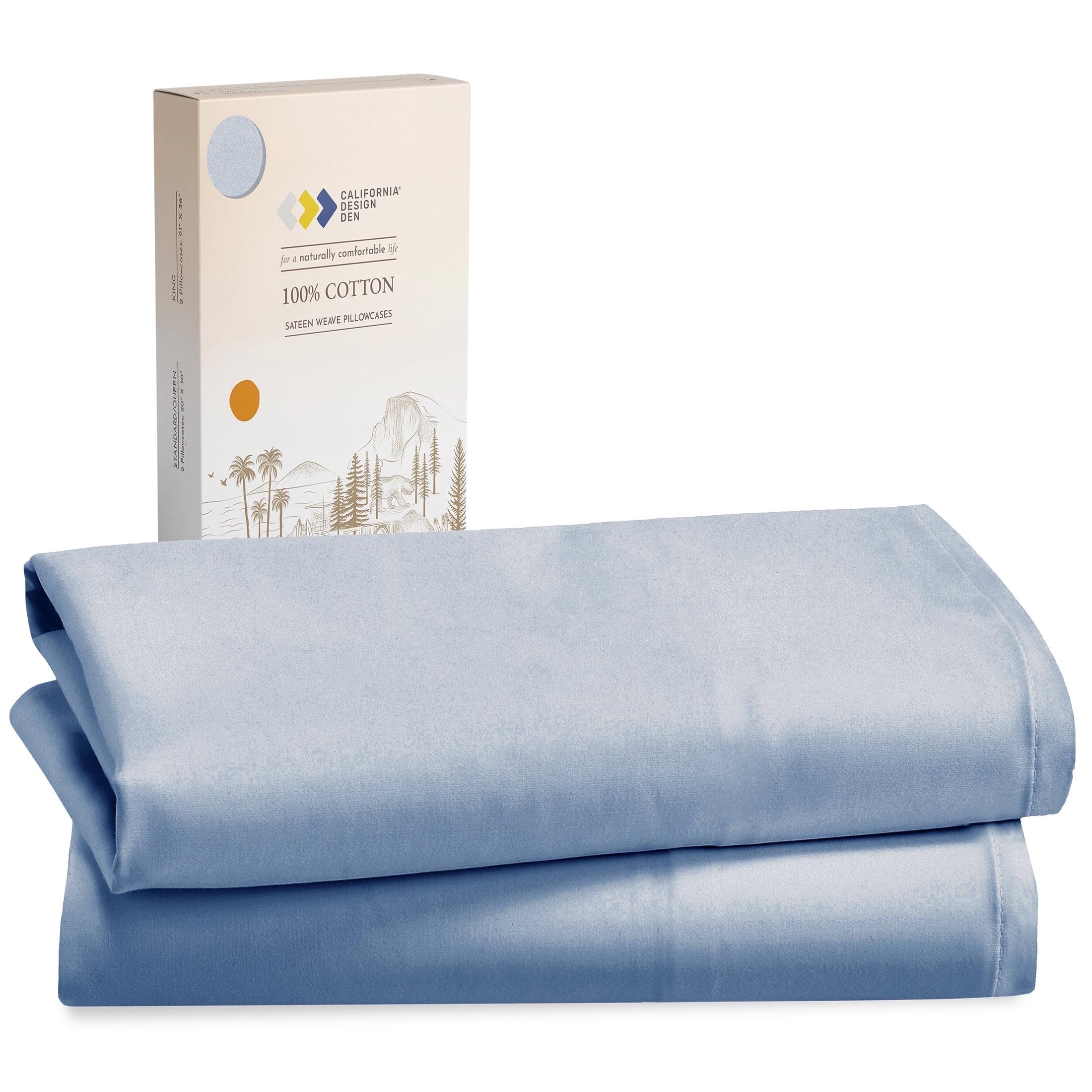 100% Cotton Blue Pillow Cases Standard Size / Queen Size Set of 2 Soft & Cooling Sateen Weave by California Design Den