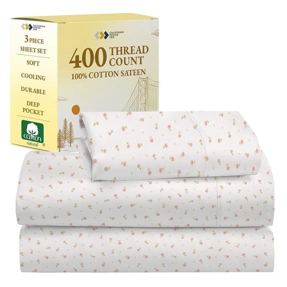 California Design Den Soft Floral Printed Twin XL Sheets Set - 400 Thread Count 100% Cotton Sateen - Soft Floral