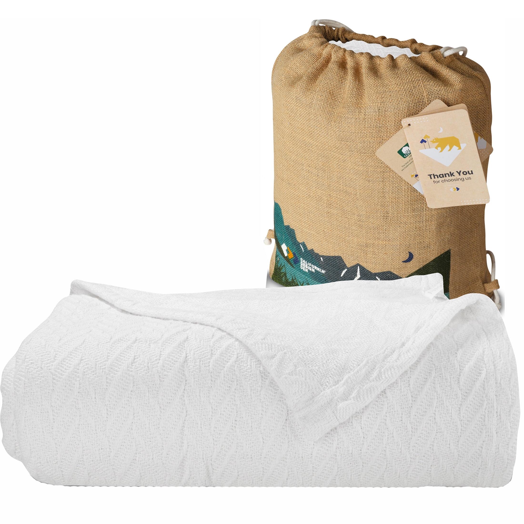 Bed Blanket | Soft 100% Cotton | Herringbone Design | All-Season Thermal Layering by California Design Den - White, King (106" x 94")