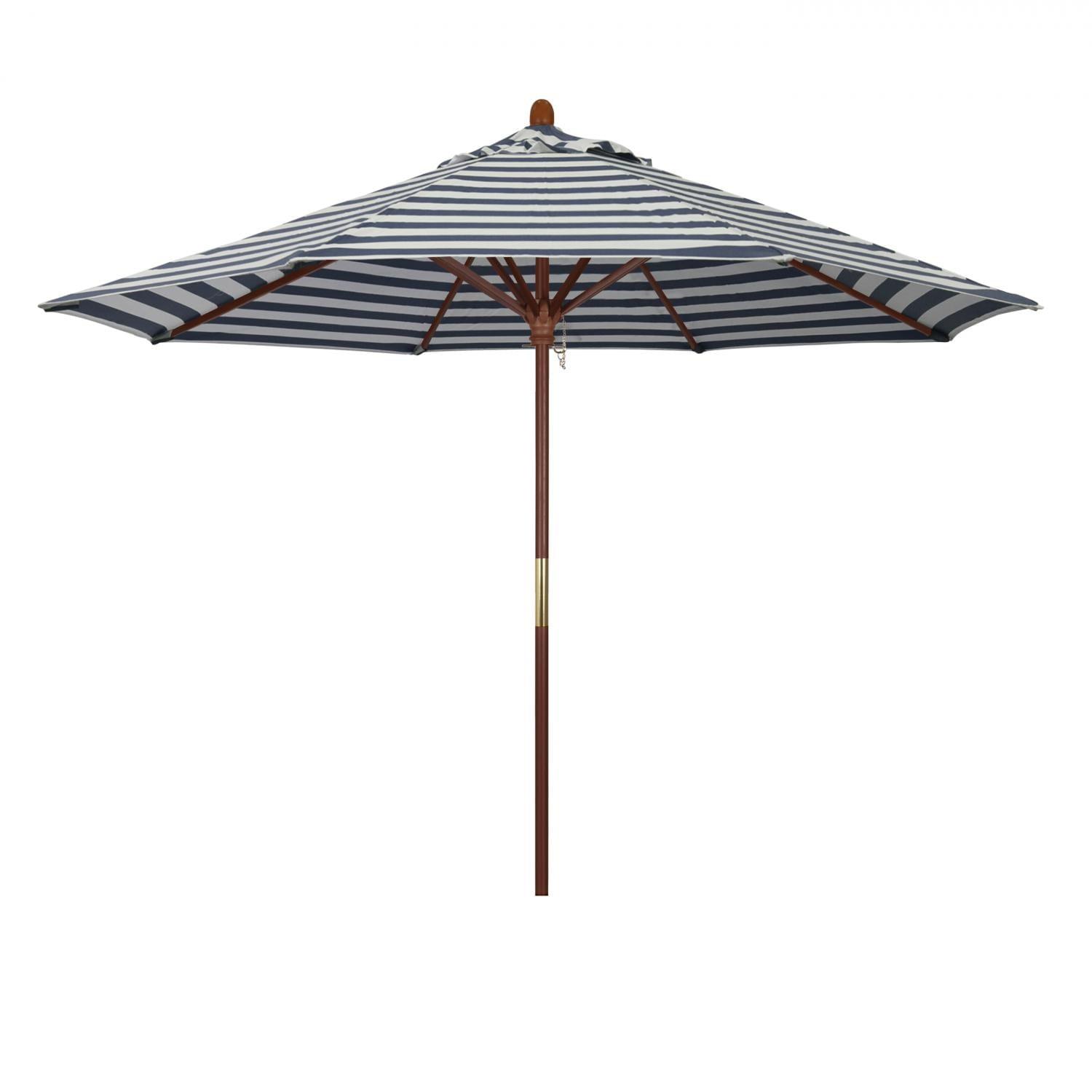 California Umbrella Grove Series 9 Ft Octagonal Hardwood Patio Umbrella W/ Push Lift - Olefin Navy White Cabana Stripe Canopy
