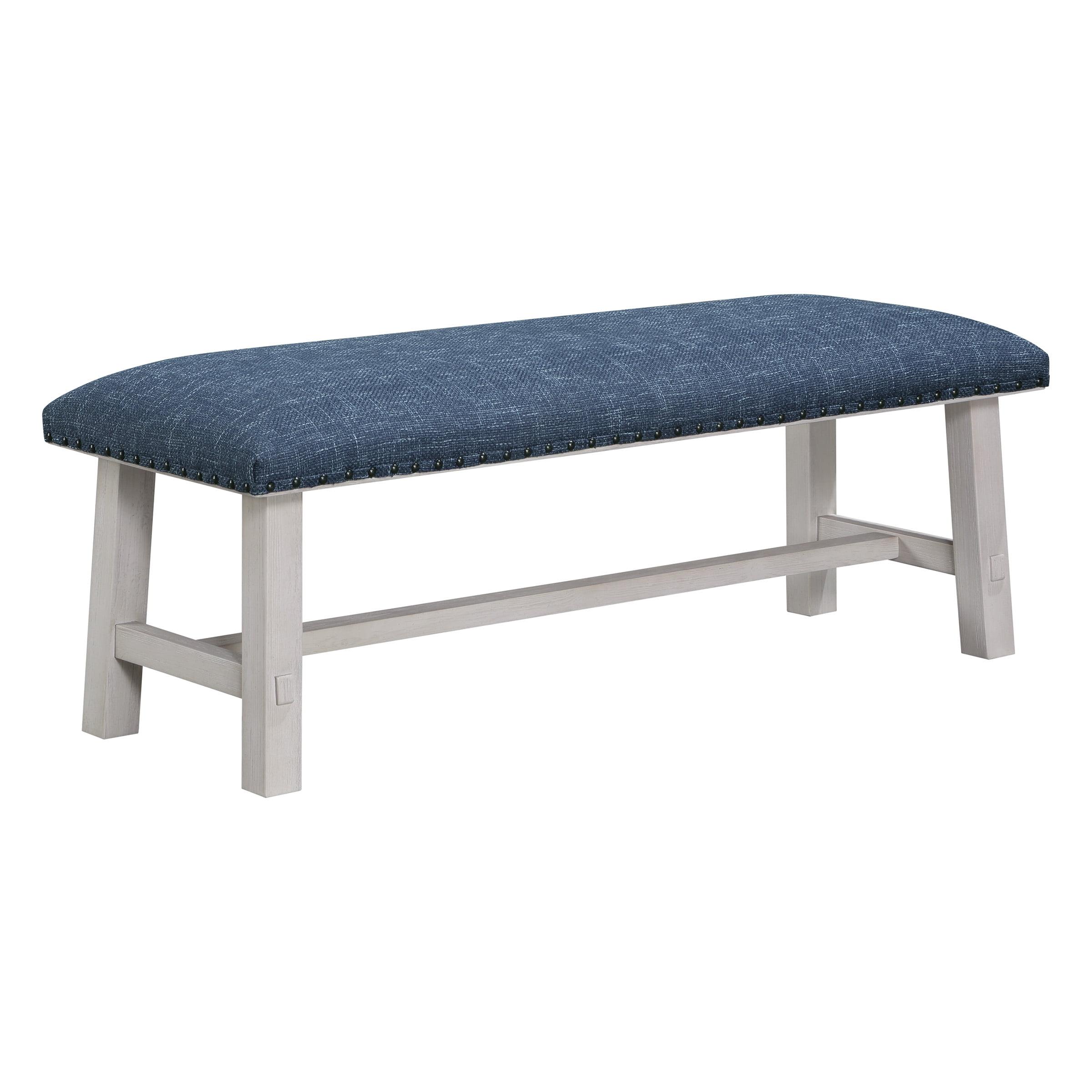 Callen Bench with White Wash Frame and Bronze Nailhead Trim in Navy Fabric