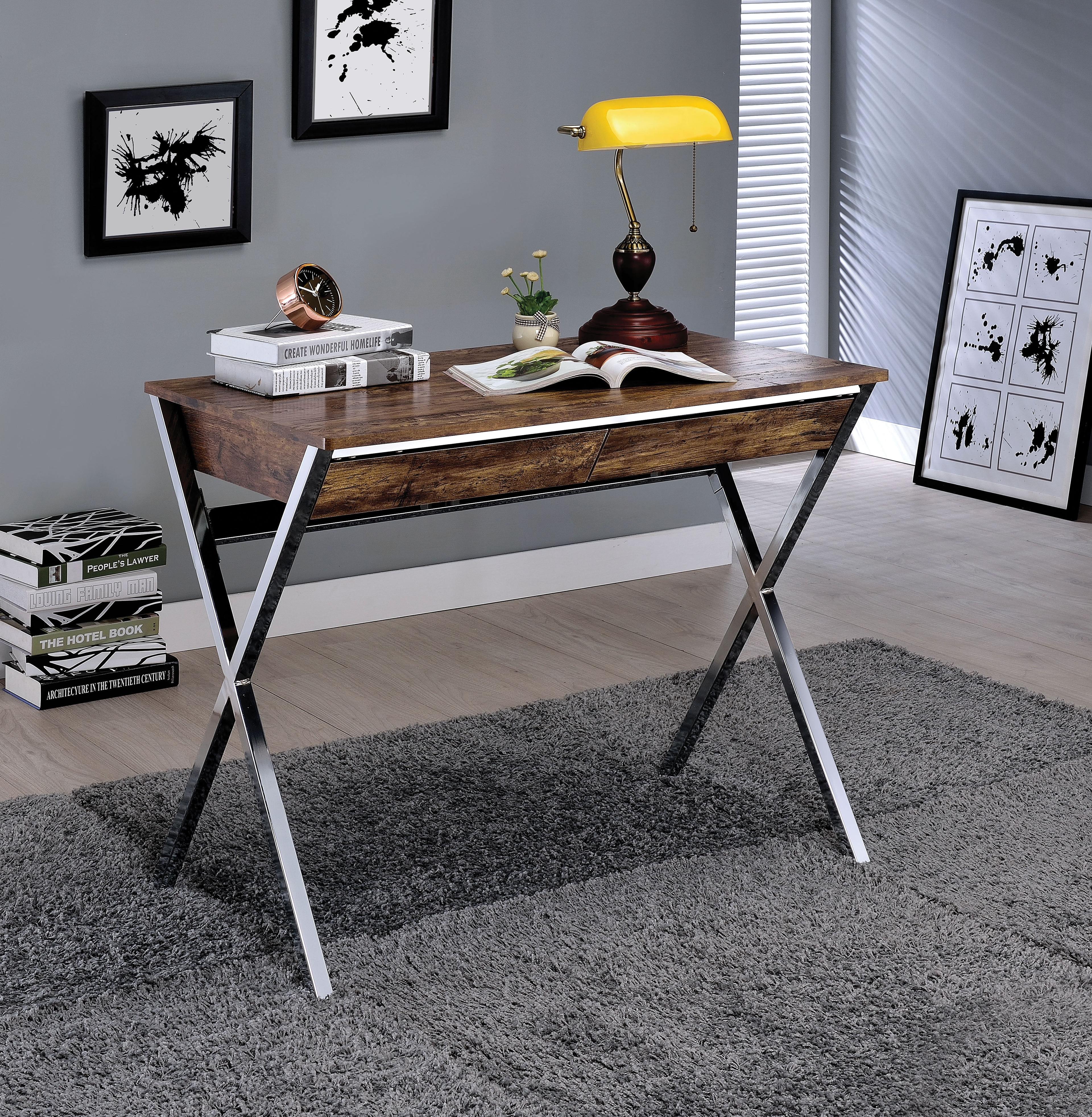 Acme Furniture 36" Callers Desks Weathered Oak and Chrome Finish: Metal Frame, Wood Surface, Open Storage Shelf