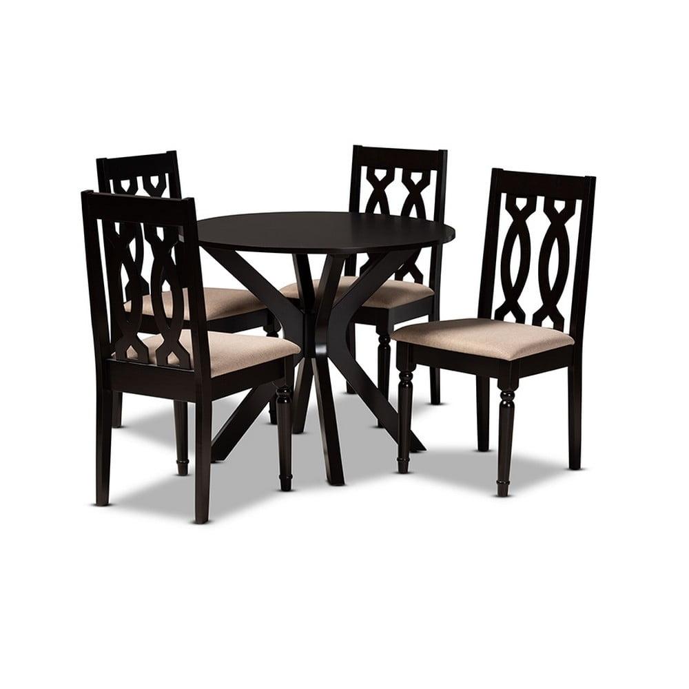 Callie Sand Fabric and Dark Brown Wood 5-Piece Dining Set