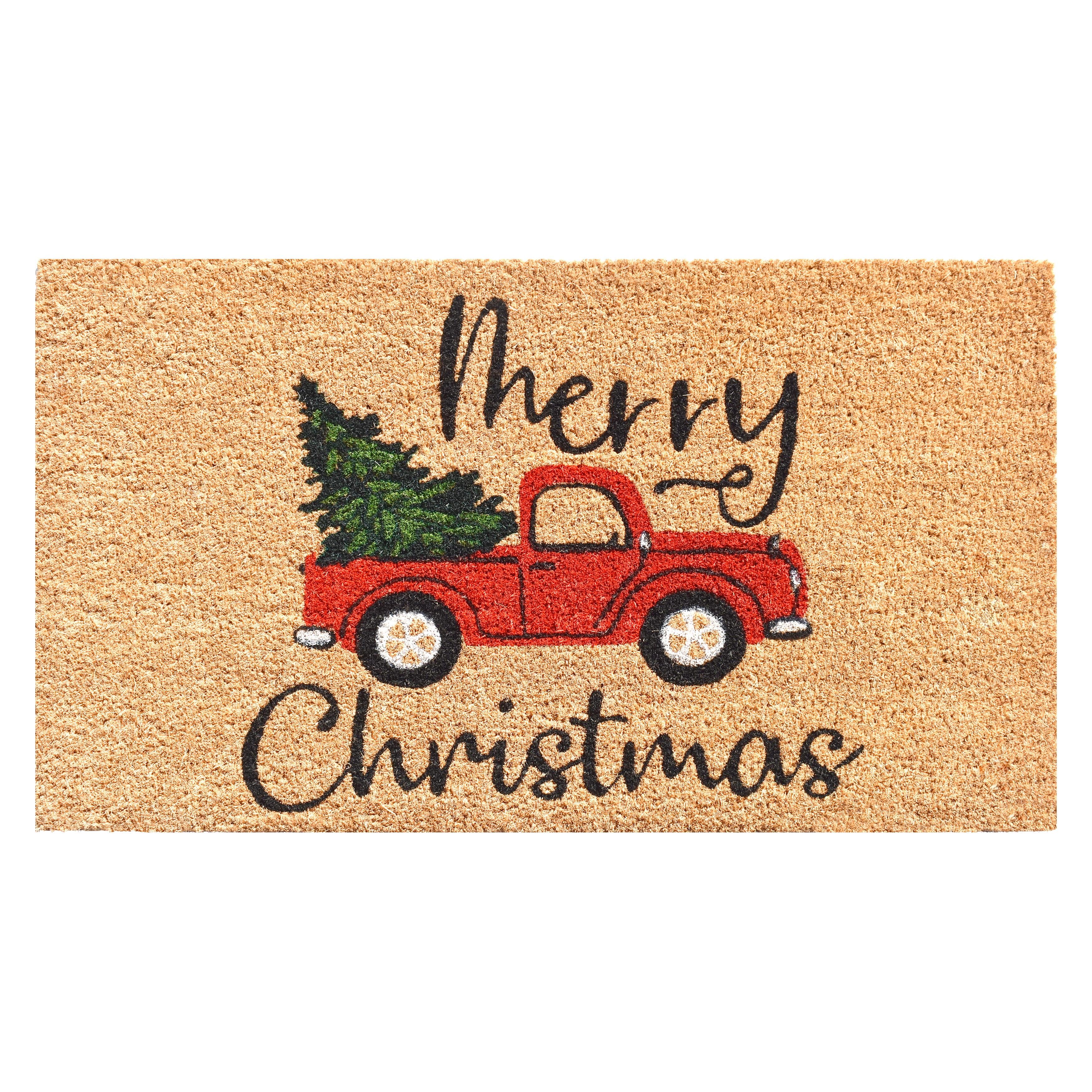 Merry Christmas Coir Doormat with Red Truck Design