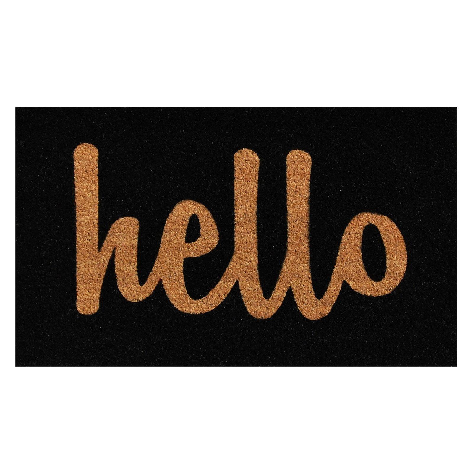 Hello Script Black and Natural Coir Outdoor Doormat 17" x 29"