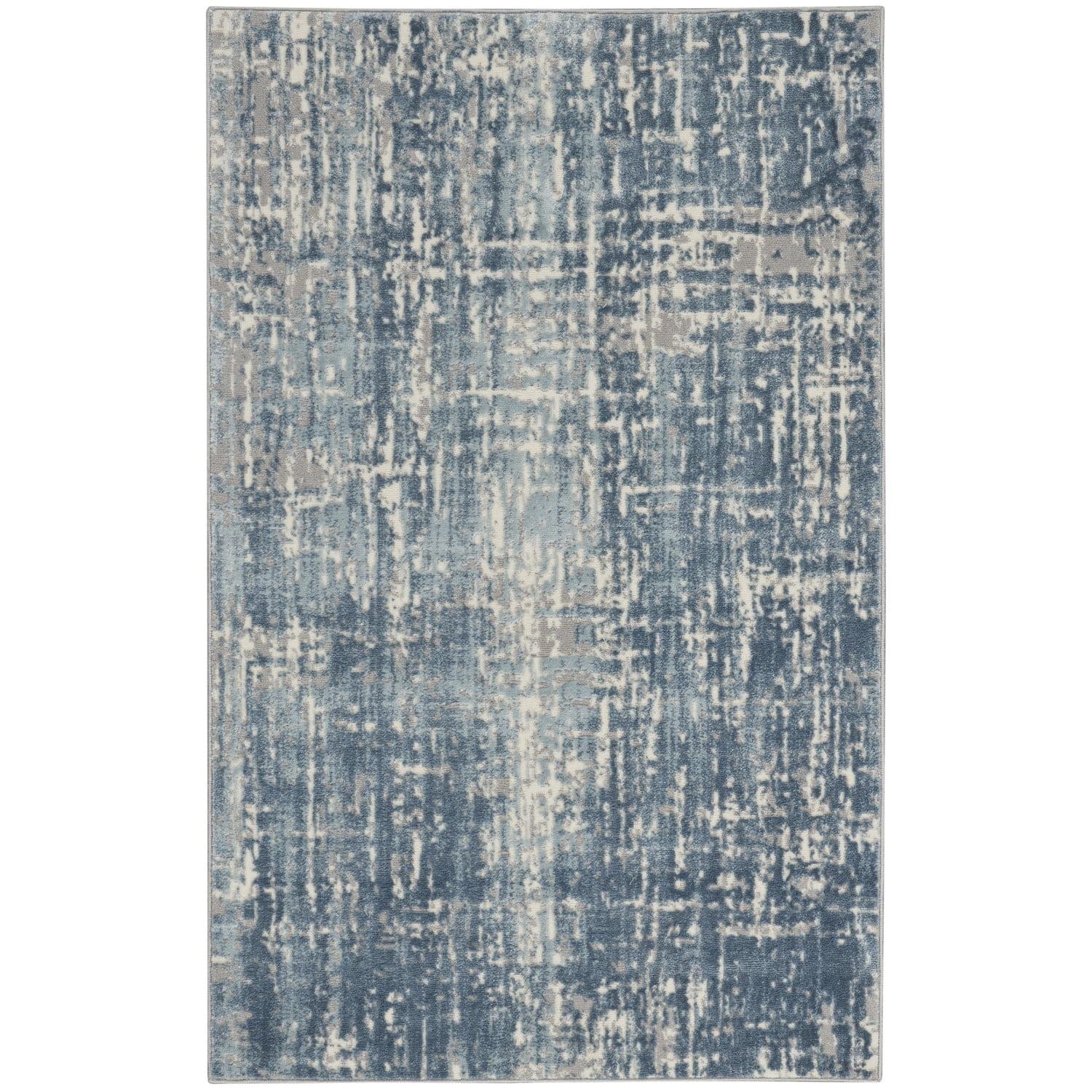 Ivory and Blue Abstract Rectangular Synthetic Rug