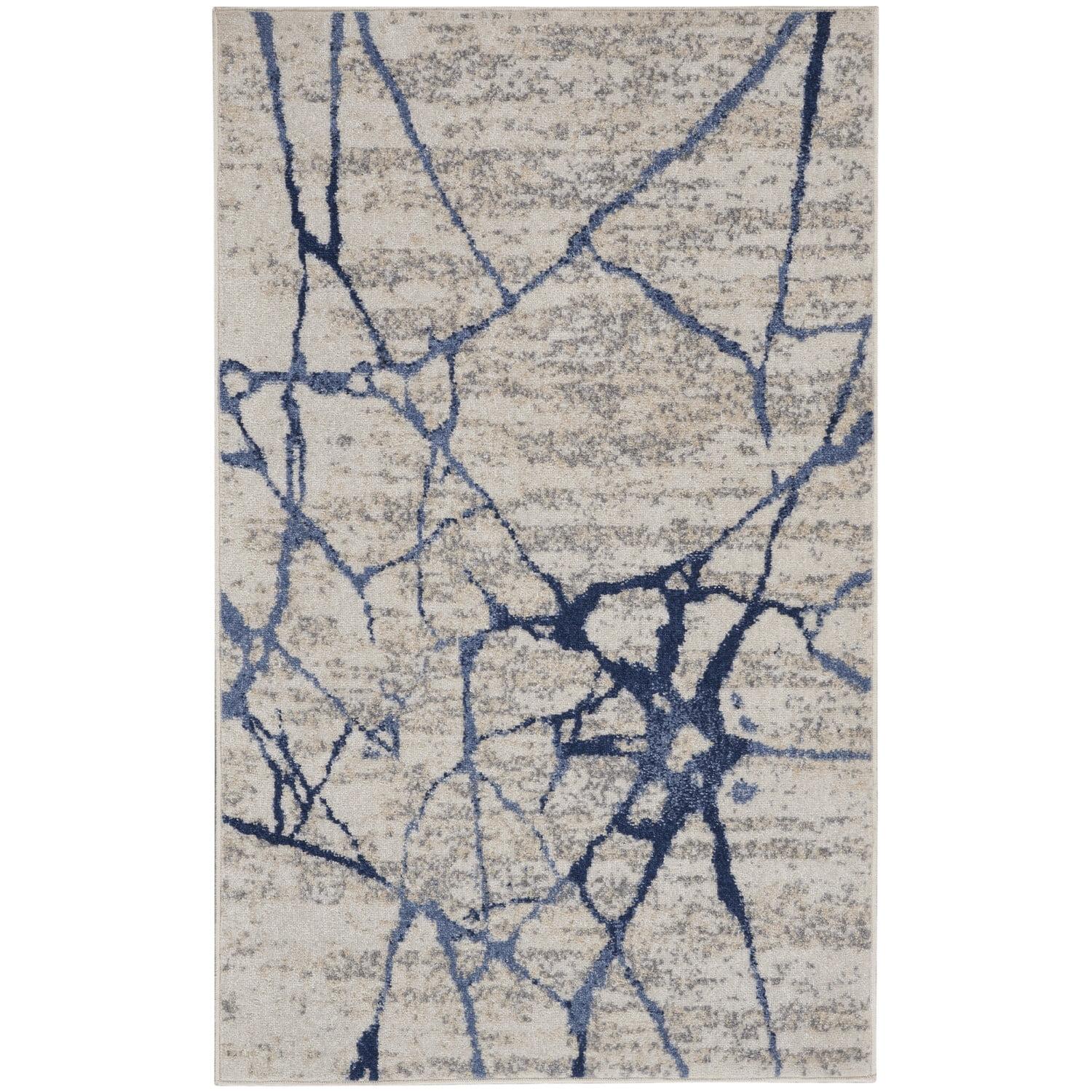 Blue and Ivory Abstract Floral Rectangular Rug