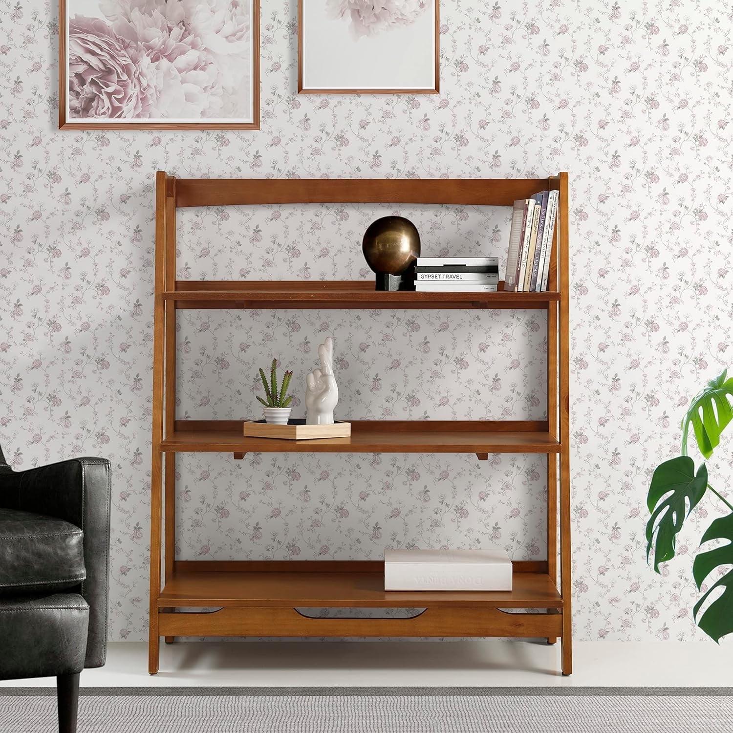 Mid Century Modern Brown Solid Wood 3-Tier Ladder Bookshelf