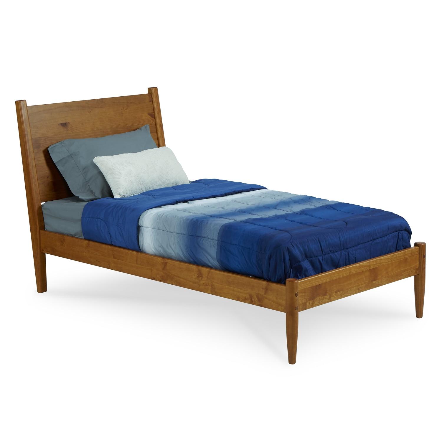 Castanho Teak Pine Twin Platform Bed with Wood Headboard