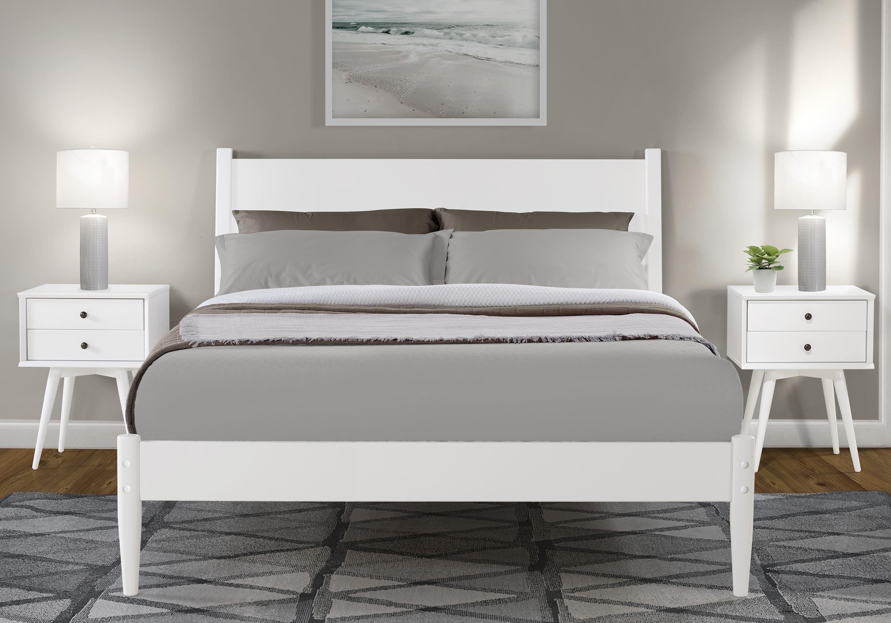 Camaflexi Mid Century Platform Bed Wood Panel Bed Frame with Headboard, Queen, White