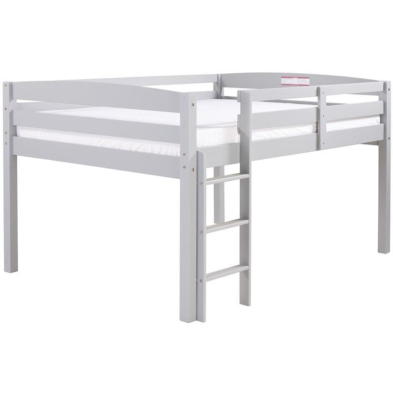 Concord Solid Pine Full Low Loft Bed with Guard Rails in Grey