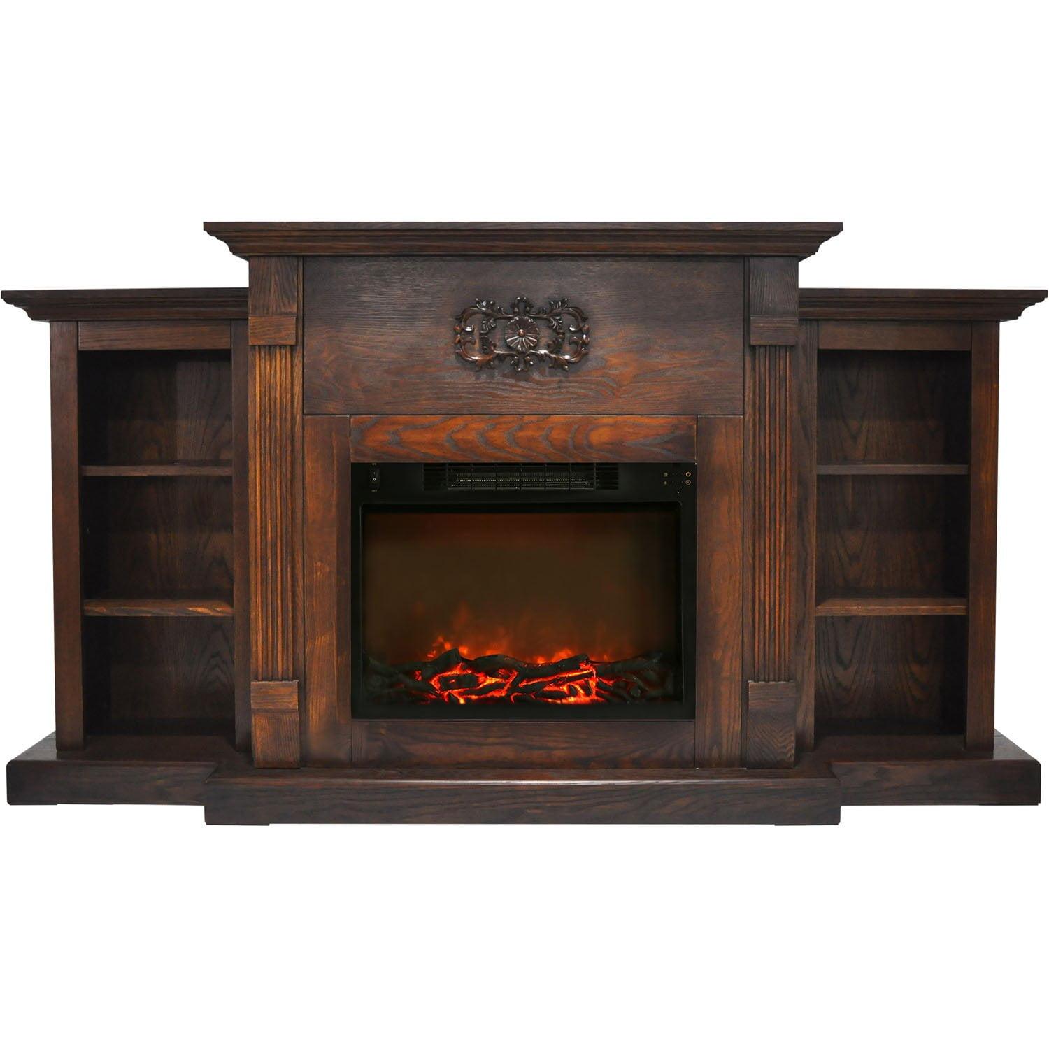 Cambridge Sanoma 72'' Electric Fireplace with Charred Log Insert | For Rooms up to 210 Sq.Ft | Remote | Bookshelves | Adjustable Heat Settings | Timer | Storage | Walnut Mantel