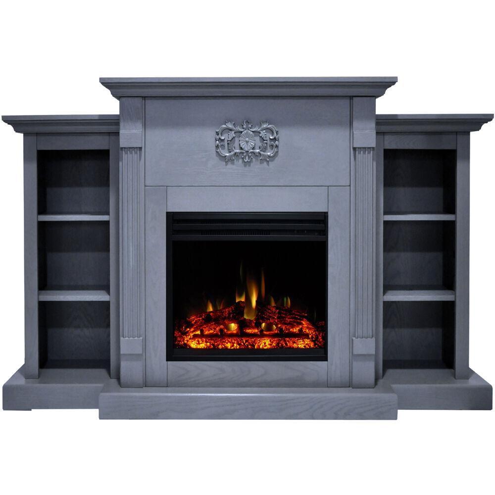 Sanoma 72'' Slate Blue Electric Fireplace with Charred Log Insert and Bookshelves