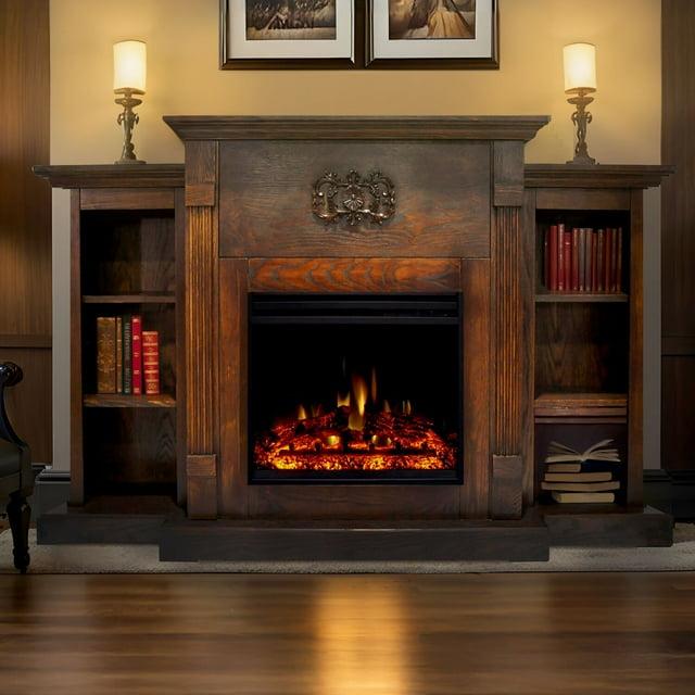 Cambridge 72-in. Walnut Indoor Freestanding Electric Fireplace Mantel with Log Display