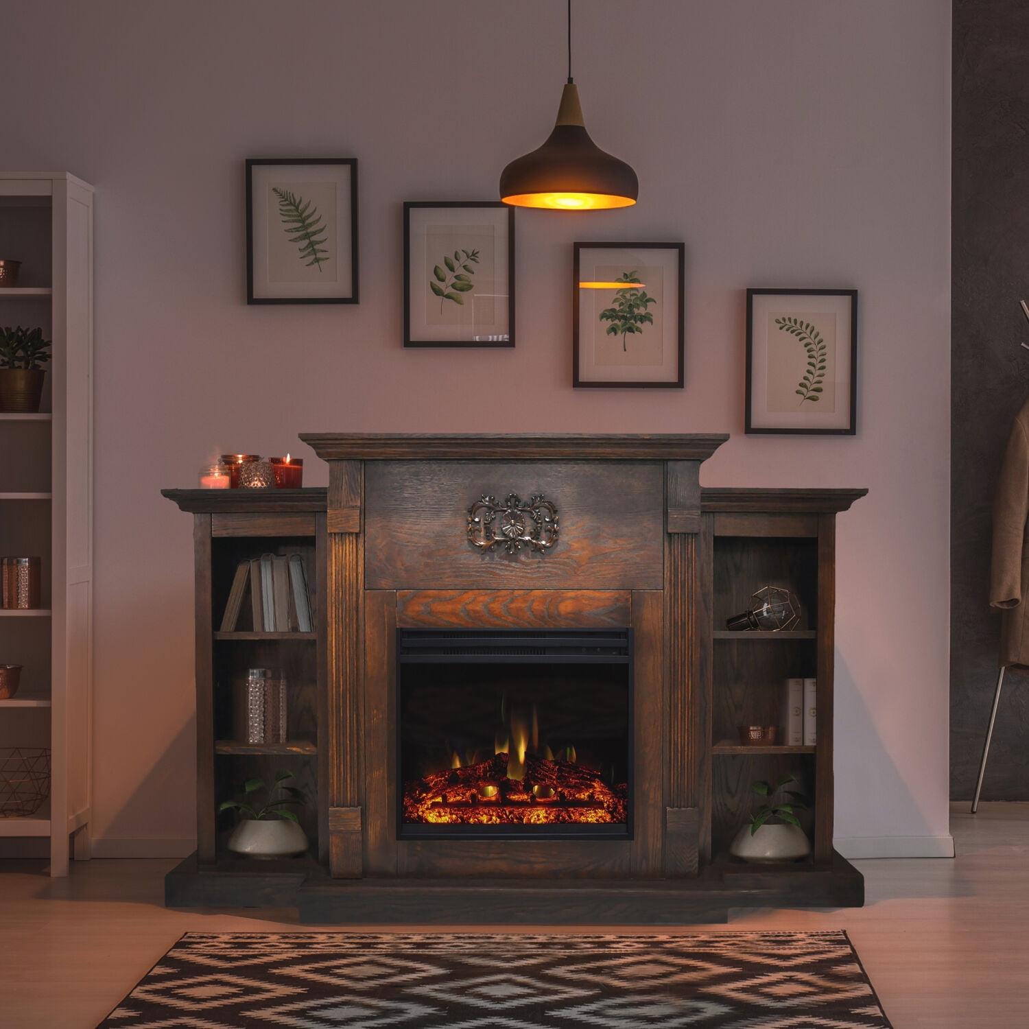 Cambridge 72-in. Walnut Indoor Freestanding Electric Fireplace Mantel with Log Display