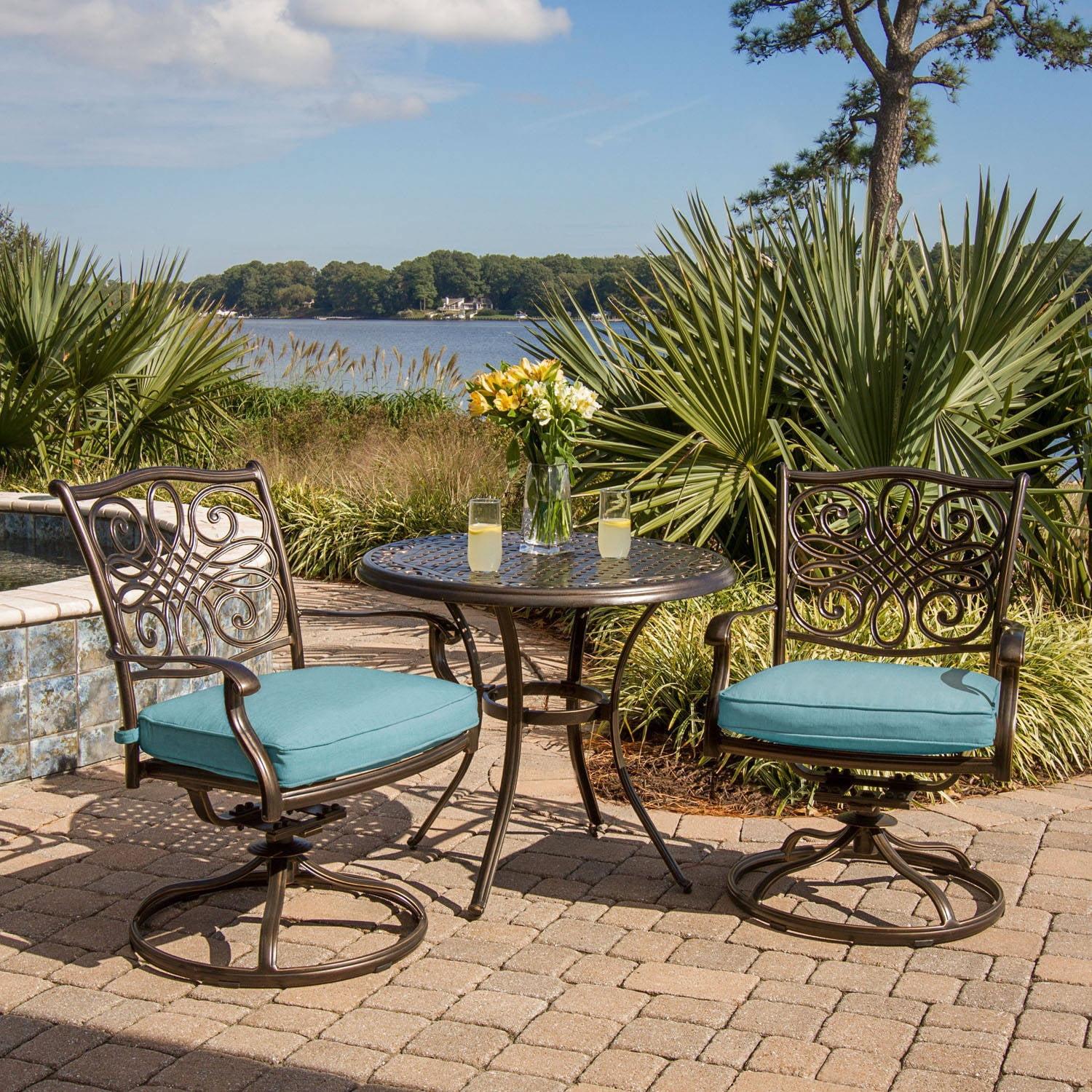 Bronze Cast-Aluminum Outdoor Bistro Set with Blue Cushions