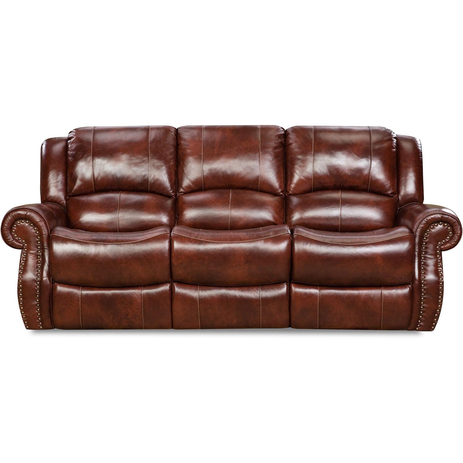Brown Leather Double Reclining Sofa with Nailhead Trim
