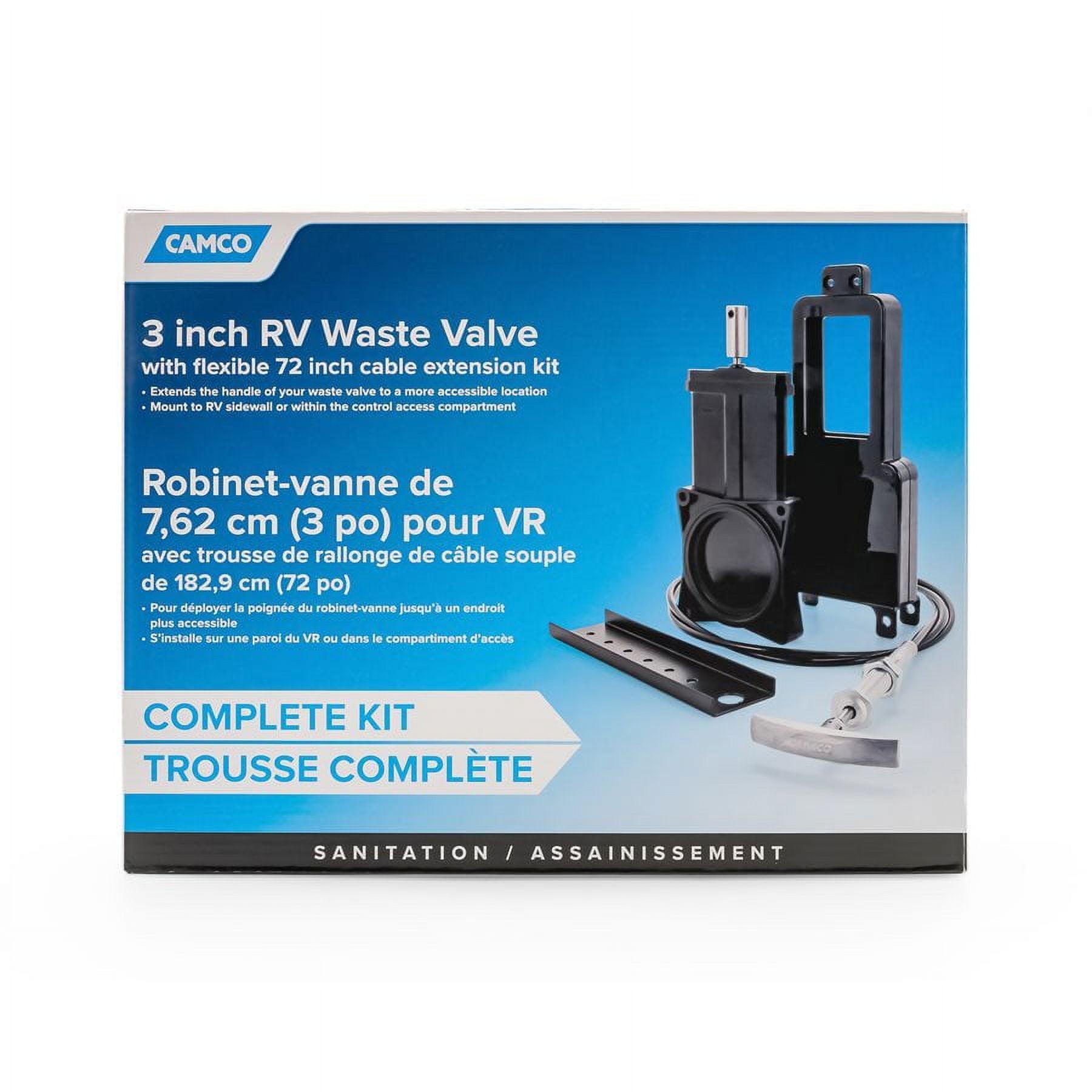 Camco RV Sanitation System 3" Waste Valve with 72" Cable Extension Kit for Sidewall or Control Access Compartment Mount Installation