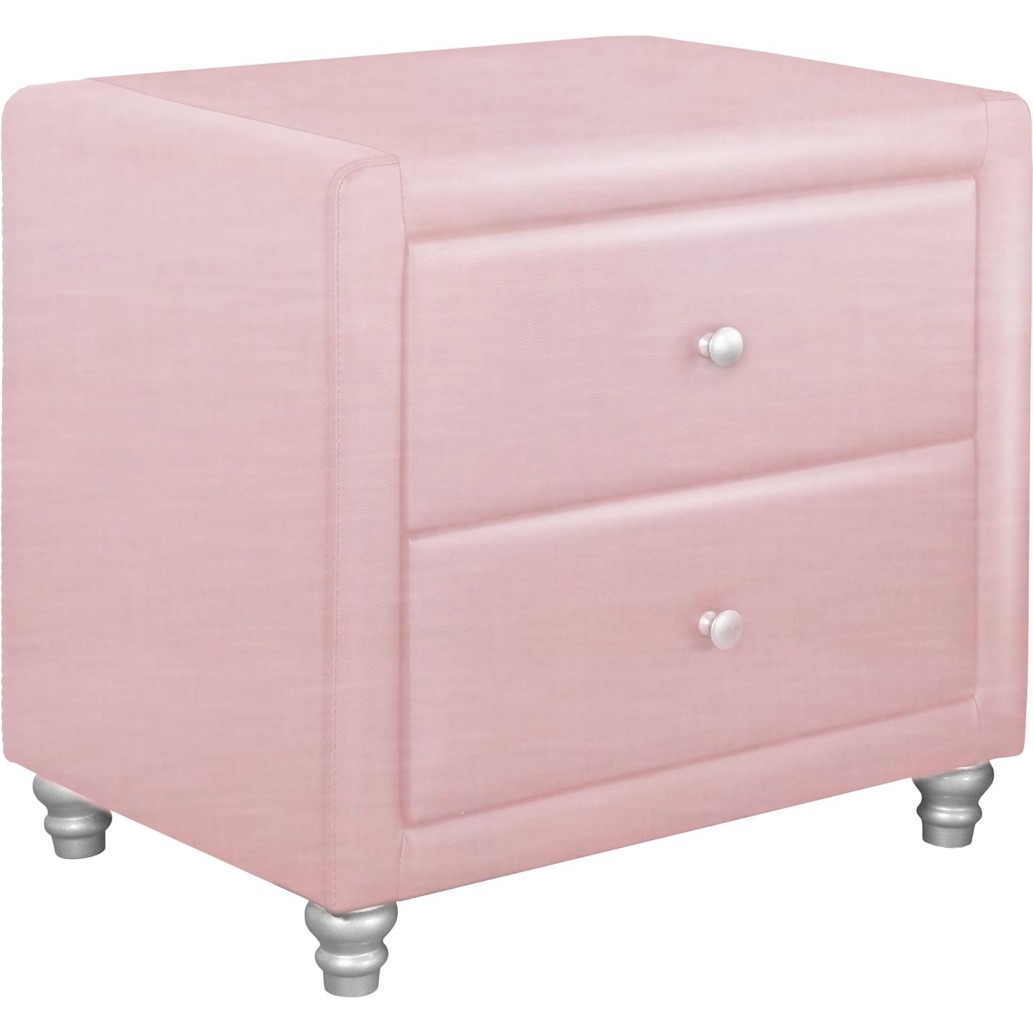 Sleek Pink Faux Leather 2-Drawer Nightstand with Brushed Nickel Accents