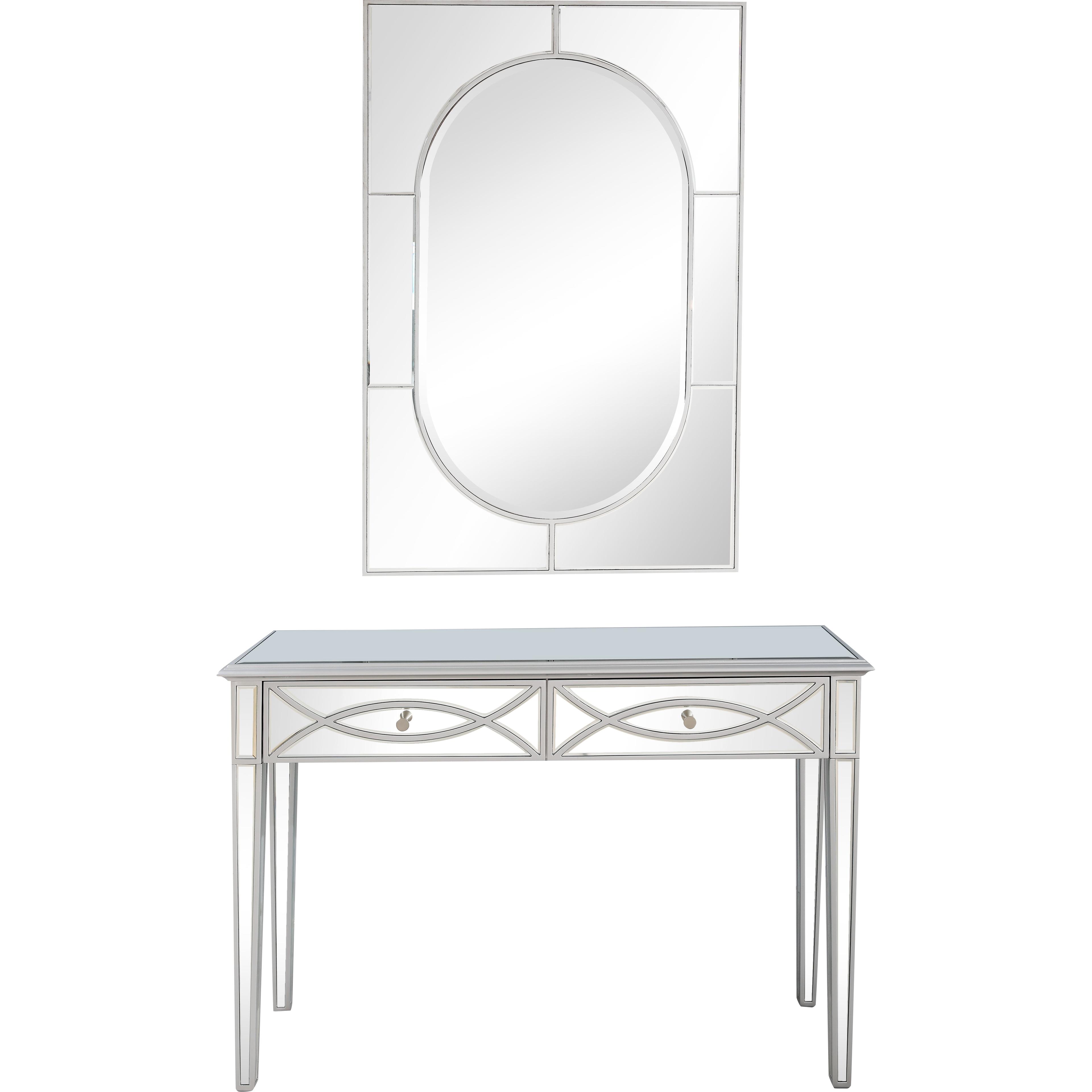 Antique Silver Mirrored Console & Beveled Wall Mirror Set