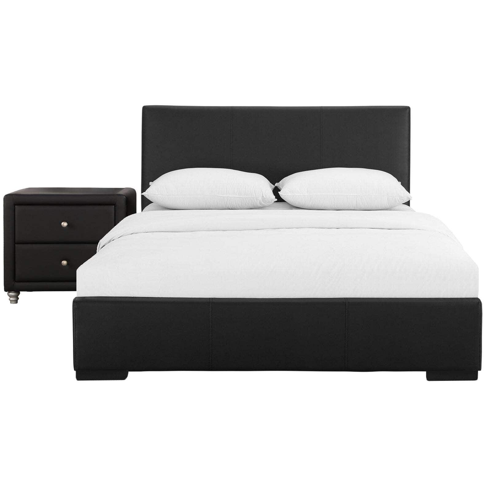 Rustic Platform Bed with Nightstand - King Size Upholstered Bed Frame, Modern Bedroom Furniture