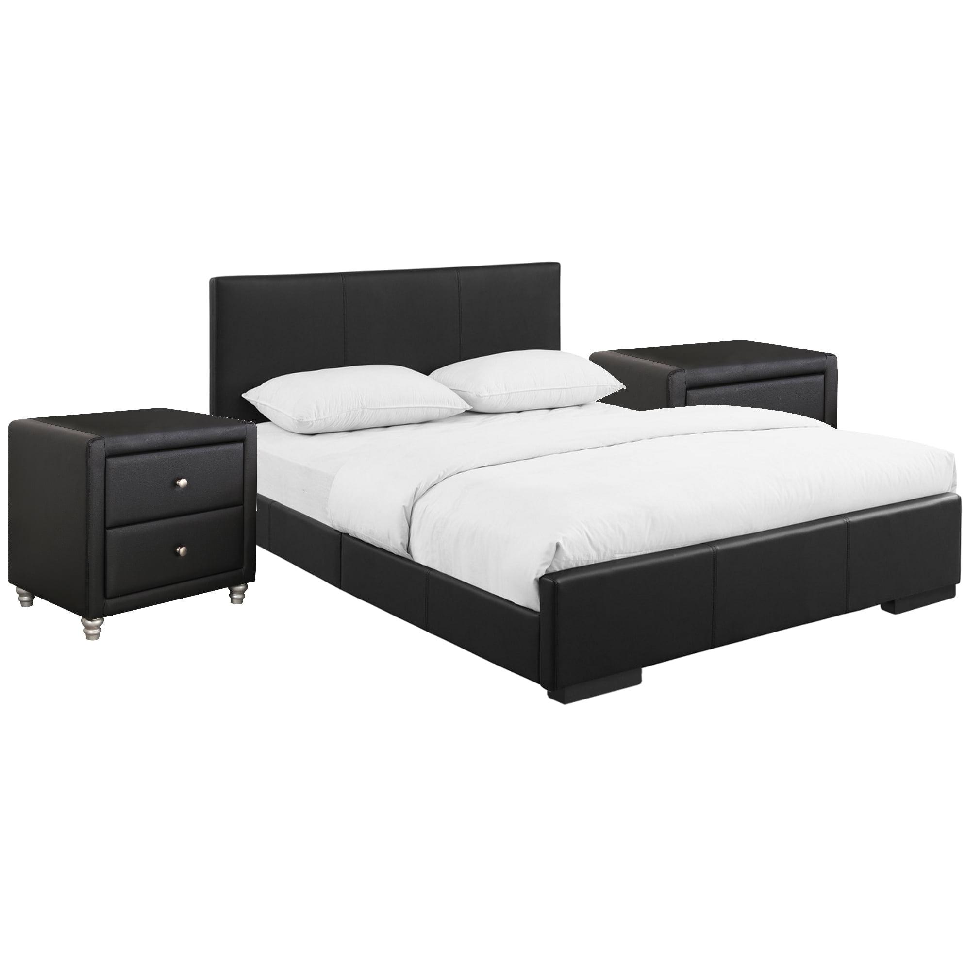 HomeStock Medieval Moods Upholstered Platform Bed, Black, King with 2 Nightstands