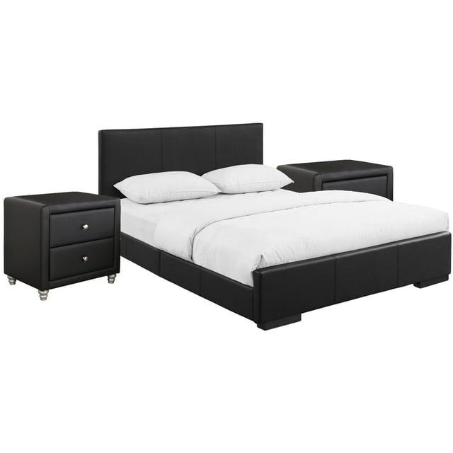 HomeStock Medieval Moods Upholstered Platform Bed, Black, King with 2 Nightstands