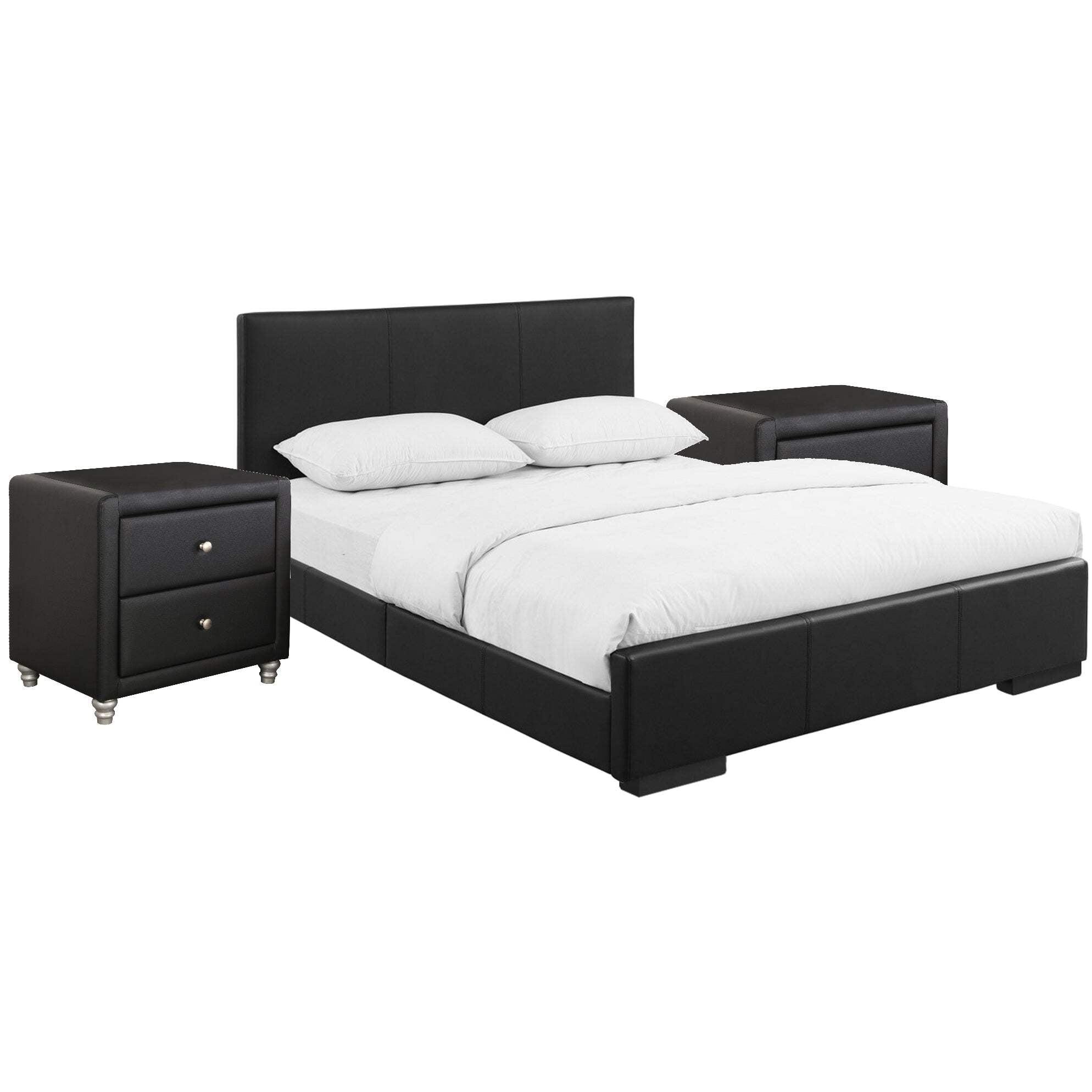 HomeStock Medieval Moods Upholstered Platform Bed, Black, King with 2 Nightstands