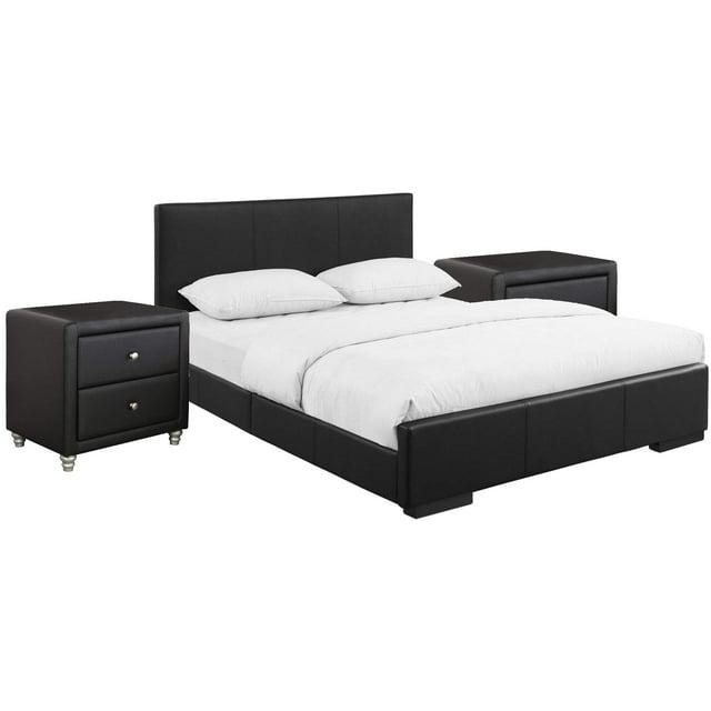 HomeStock Medieval Moods Upholstered Platform Bed, Black, King with 2 Nightstands