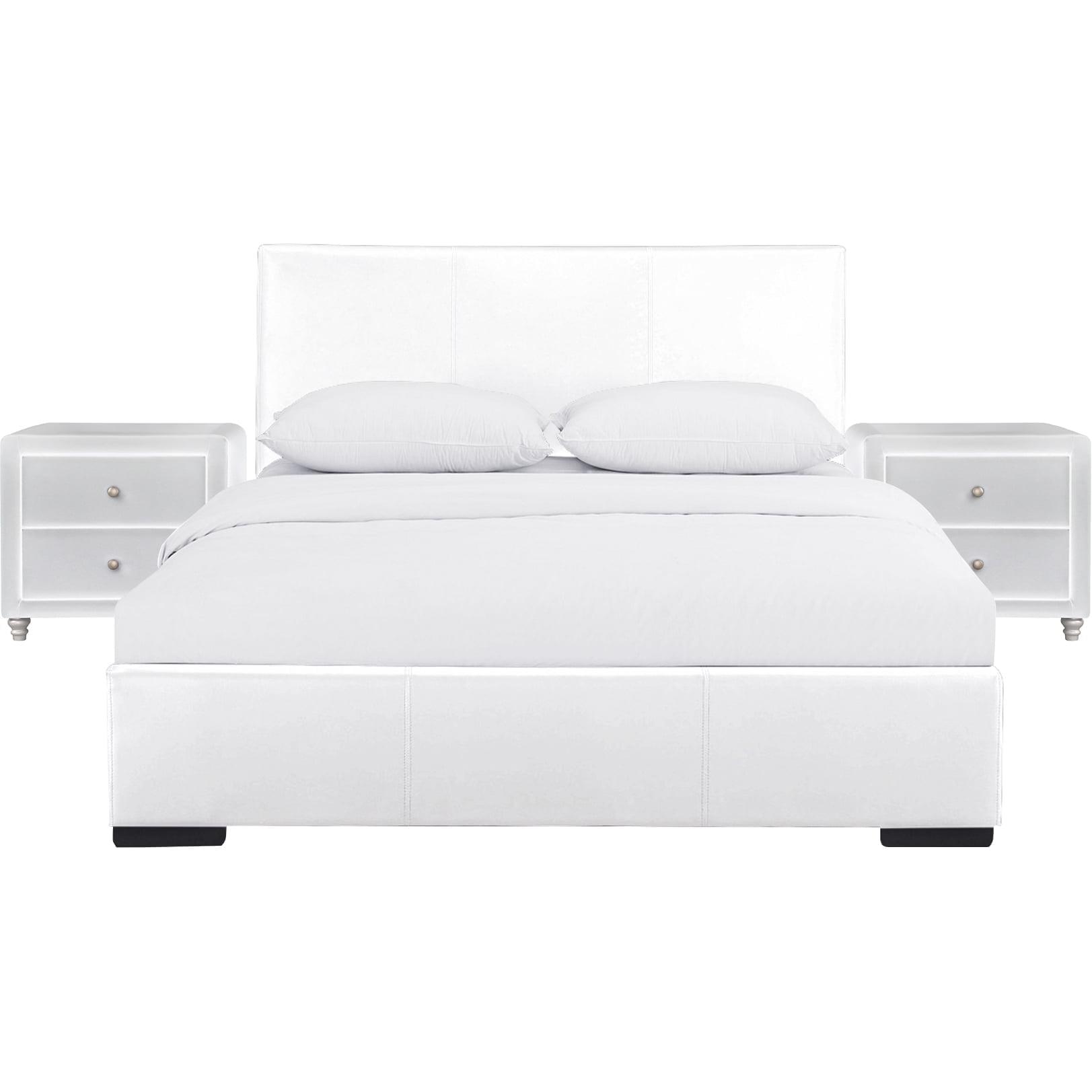 Camden Isle Hindes Platform Bedroom Set | Upholstered | Low Profile | Queen, White + 2 Nightstands