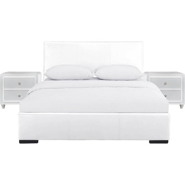 Camden Isle Hindes Platform Bedroom Set | Upholstered | Low Profile | Queen, White + 2 Nightstands