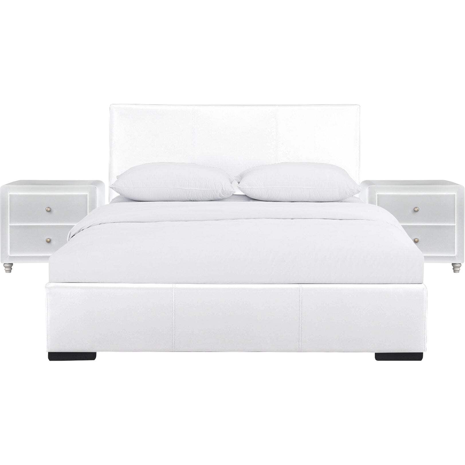 Camden Isle Hindes Platform Bedroom Set | Upholstered | Low Profile | Queen, White + 2 Nightstands