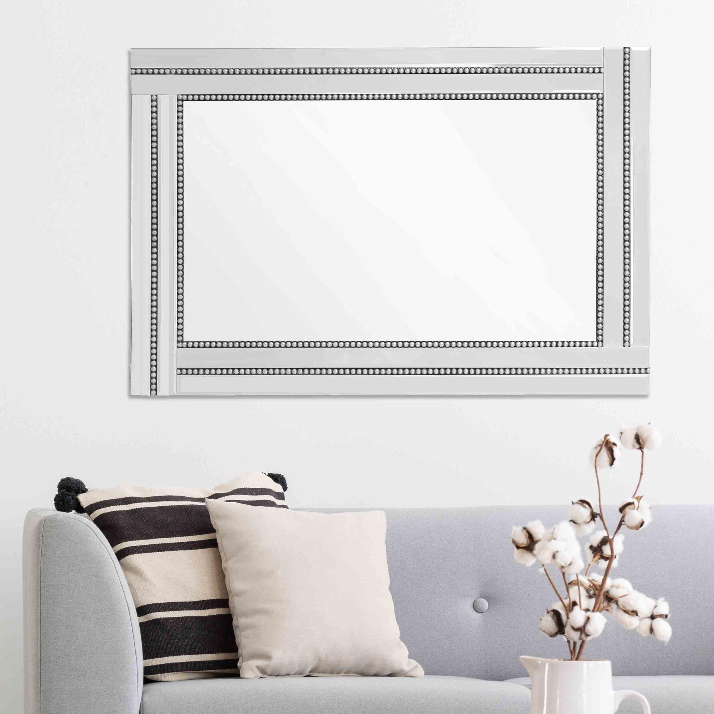 Elegant Rectangular Silver Beaded Wood Frame Mirror