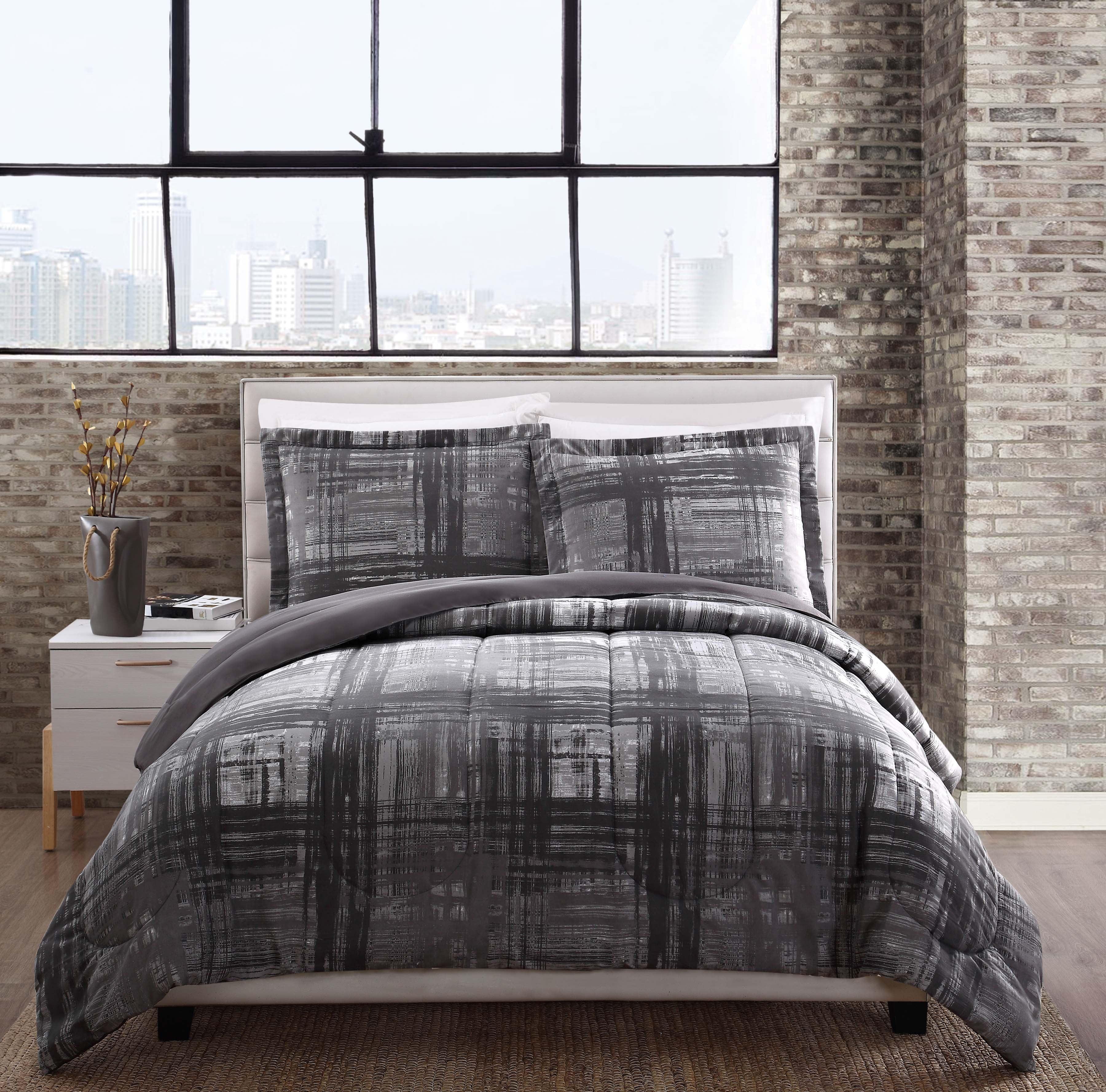 Full Gray Reversible Microfiber Plaid Comforter Set