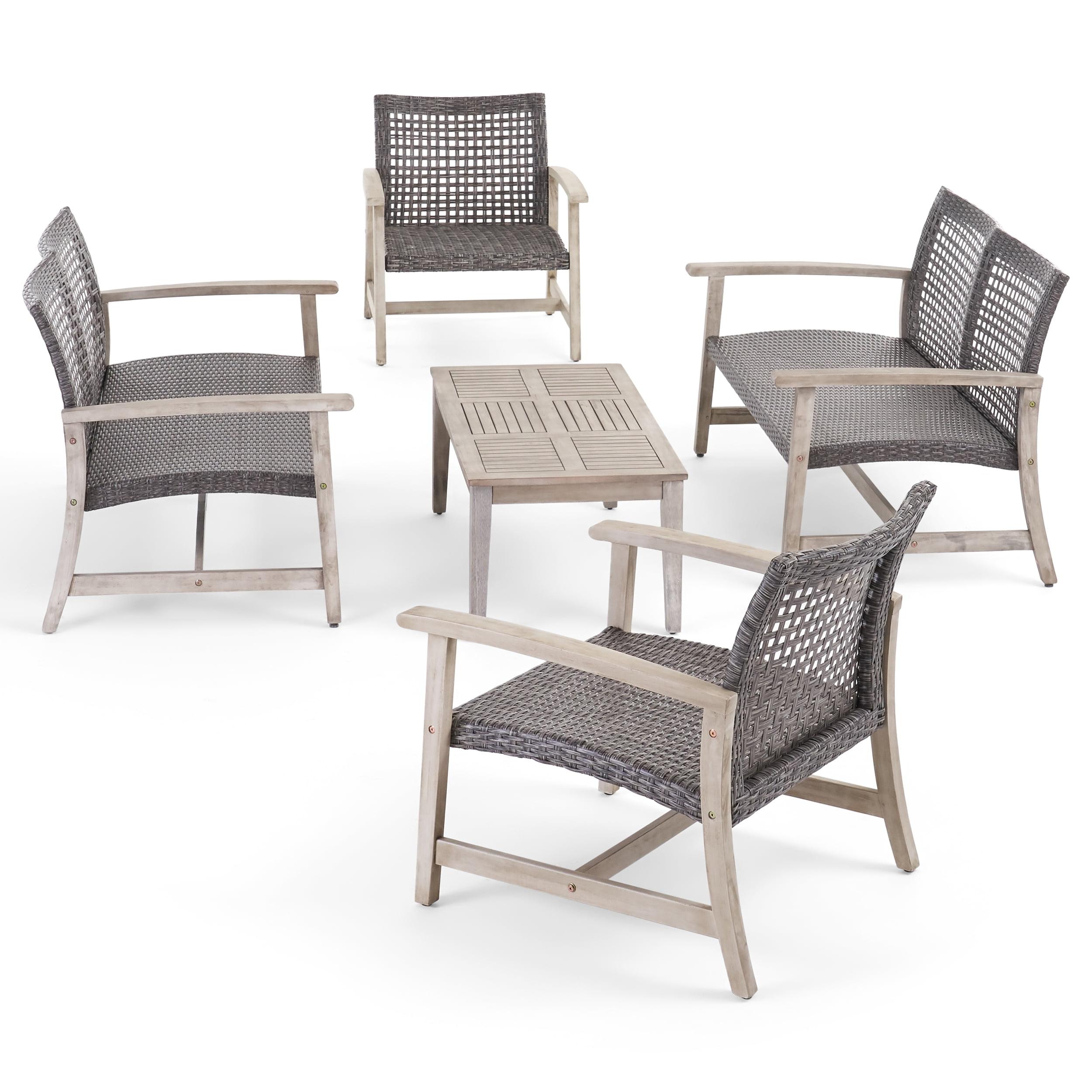 Light Gray 5-Piece Wood and Wicker Outdoor Chat Set