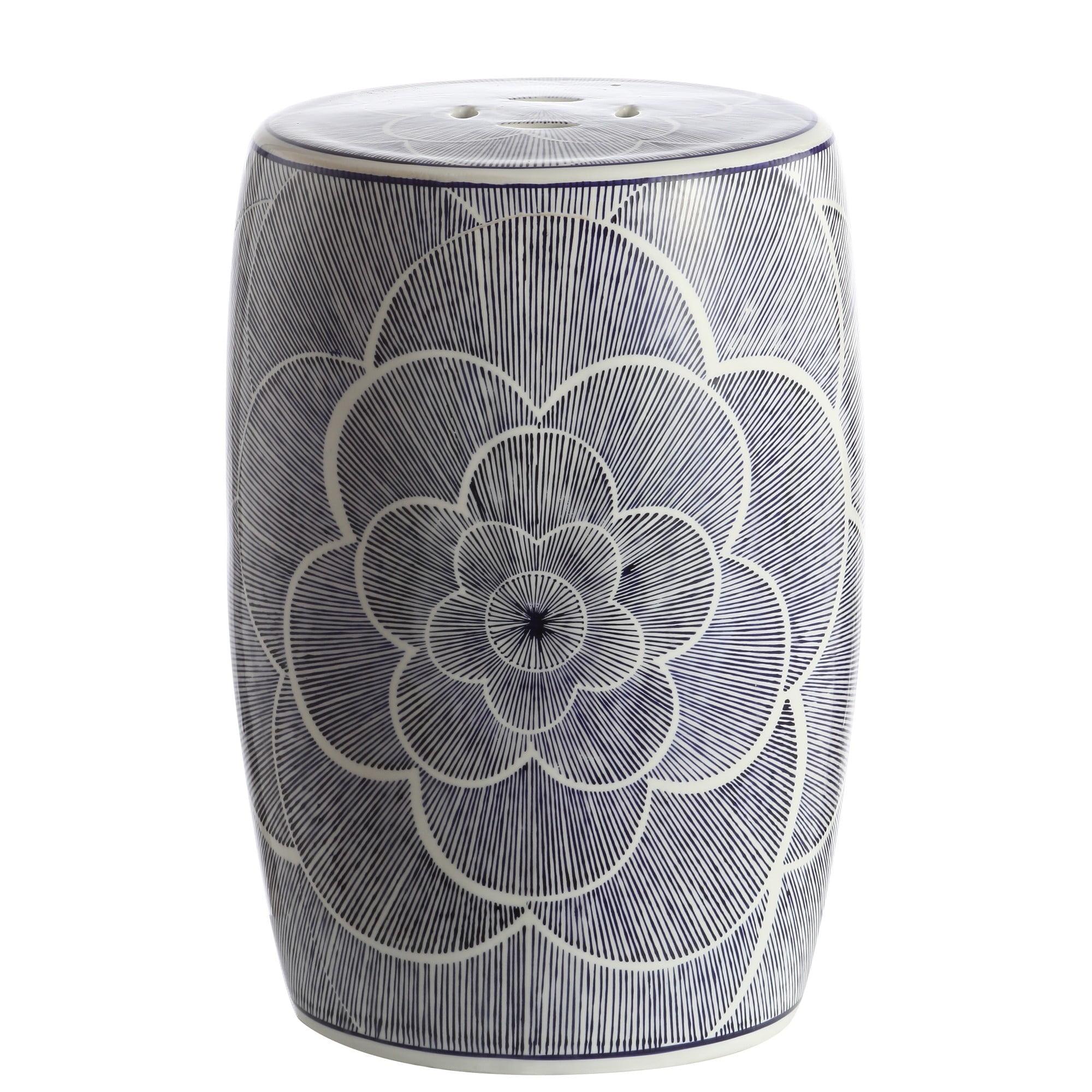 JONATHAN Y Camellia 17" Ceramic Drum Garden Stool, Blue