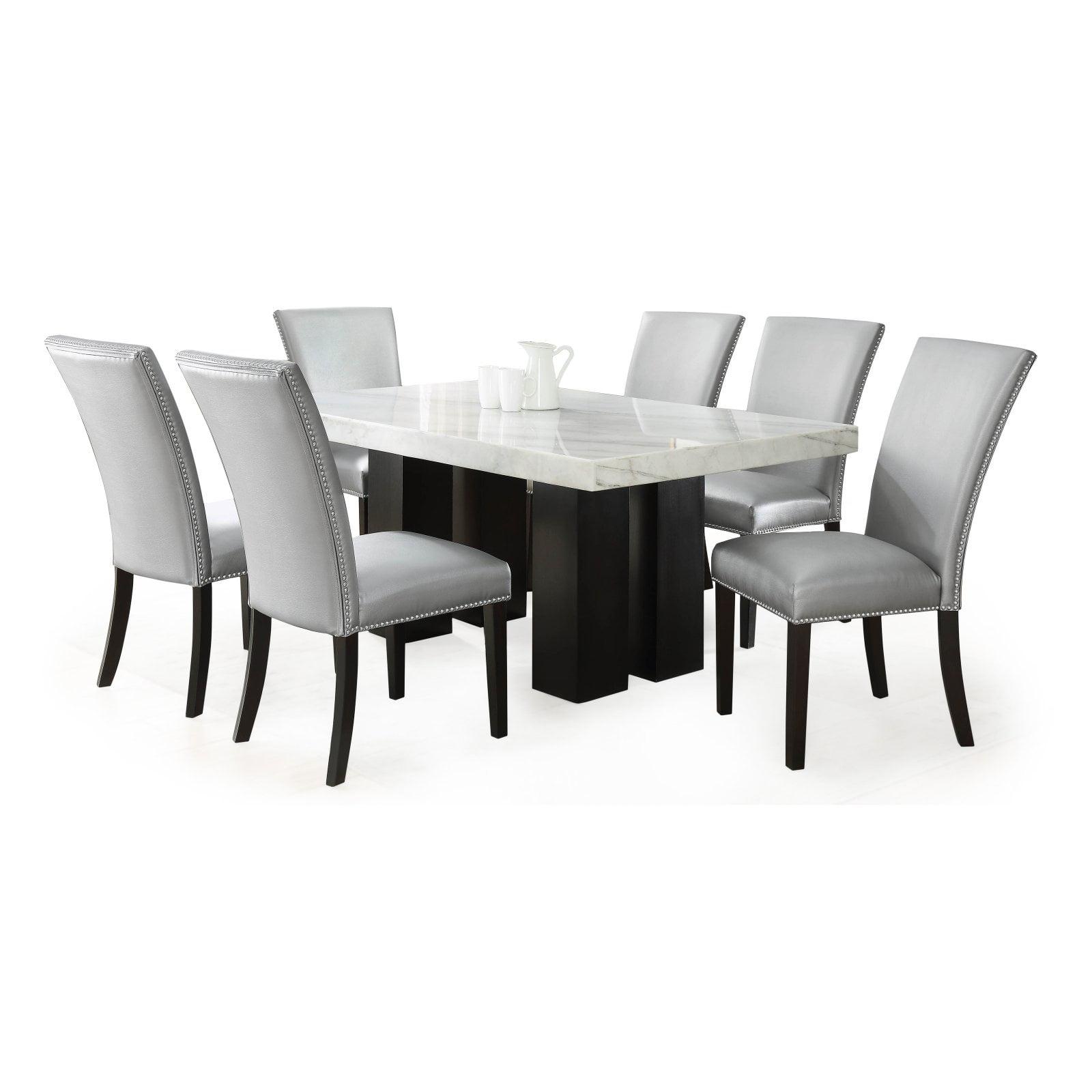 Camila Marble Top Rectanglular 7 Piece Dining Set in Silver