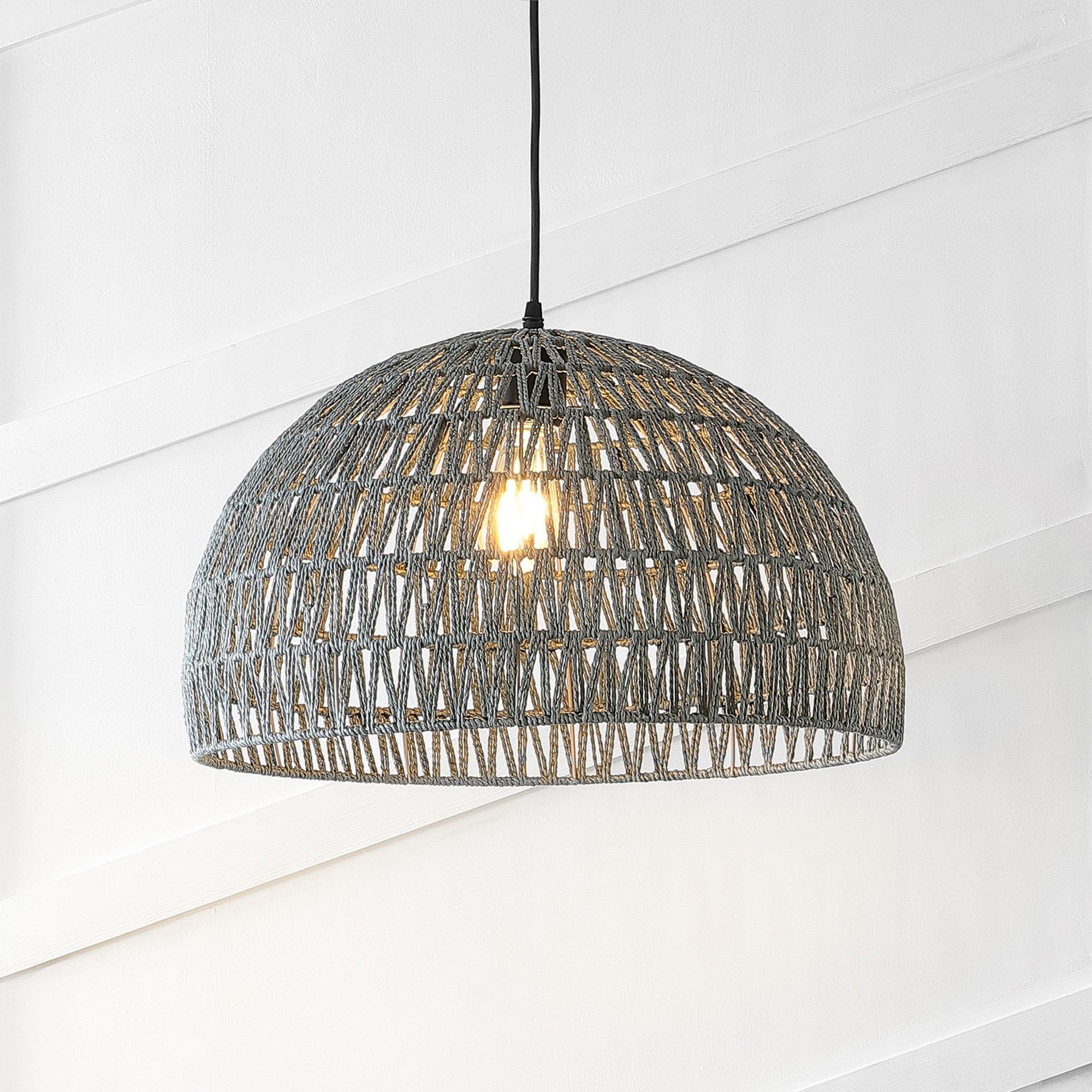 Campana 20" 1-Light Bohemian Modern Woven Rope/Iron LED Pendant, Grey/Black