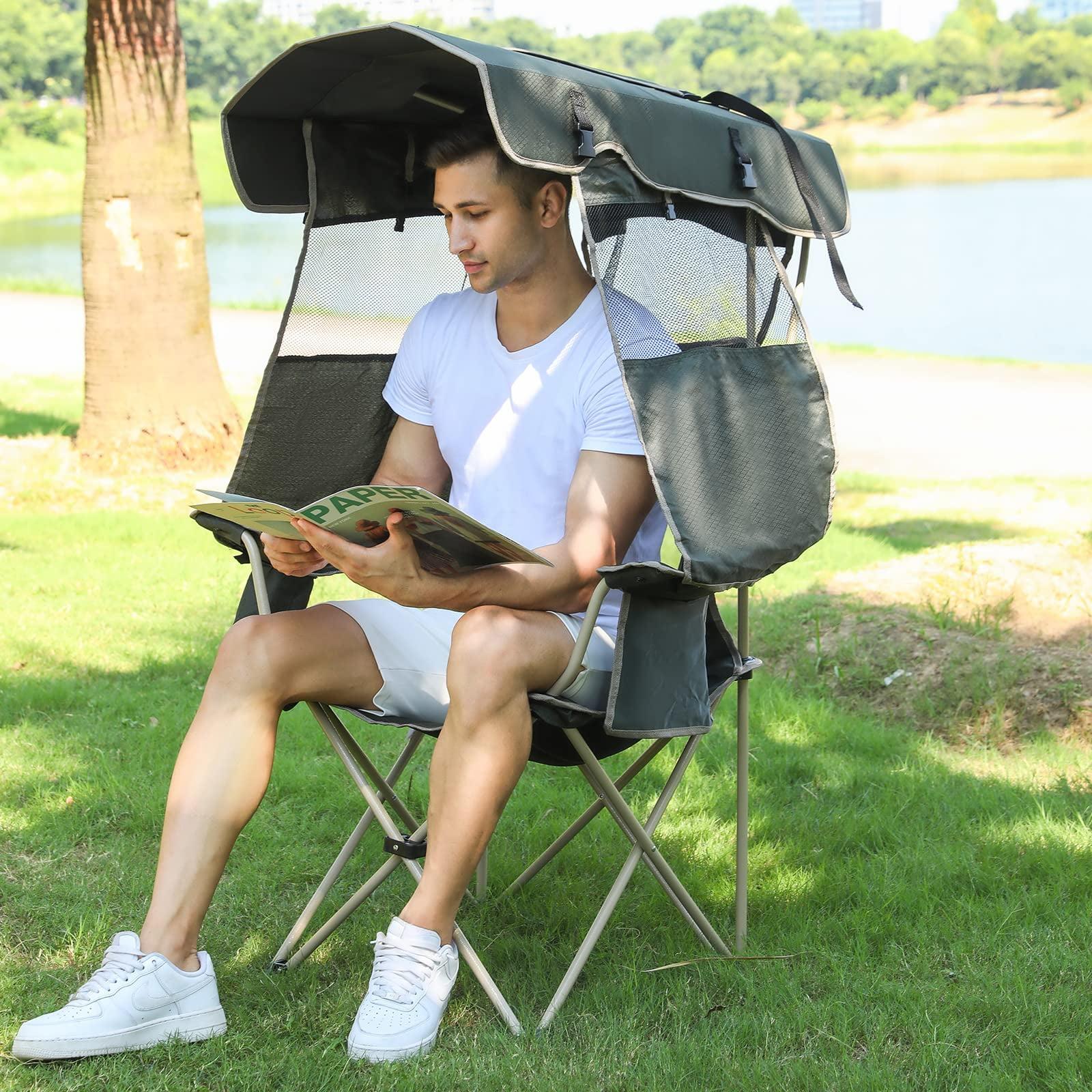 Army Green Folding Camping Chair with Retractable Shade Canopy