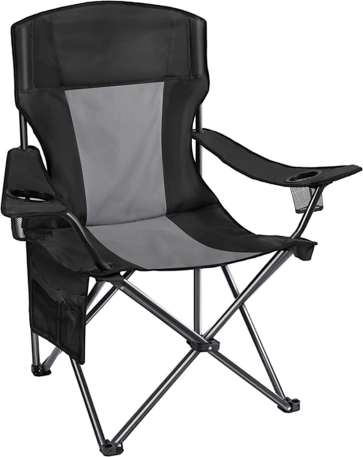 Black and Gray Padded Folding Camping Chair with Cup Holders