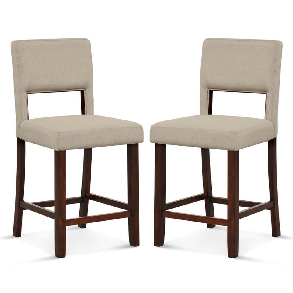 Beige Upholstered Linen Bar Stools with Wooden Legs, Set of 2