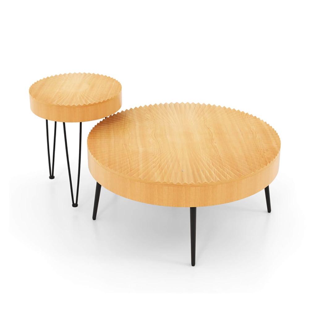 Round Pine Wood Coffee Tables with Black Metal Legs, Set of 2