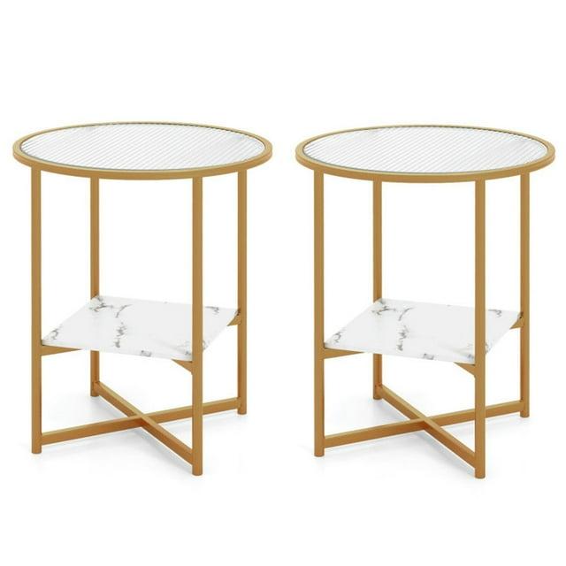 Kepooman End Tables,Side End Table,Nightstand,2-Tier Glass End Table Set of 2 with Faux Marble Storage Shelf-White