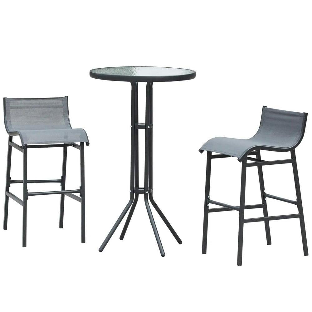 Outsunny 3 Piece Bar Height Outdoor Bistro Set for 2, Round Patio Pub Table 2 Bar Chairs with Comfortable Design & Durable Build, Charcoal Gray