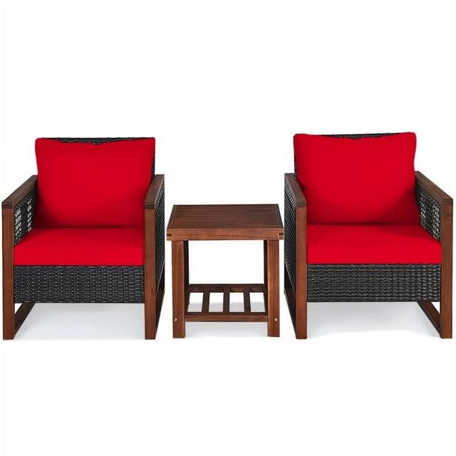 Costway 3PCS Patio Wicker Furniture Set Solid Wood Frame Cushion Sofa w/ Square Table Shelf Red