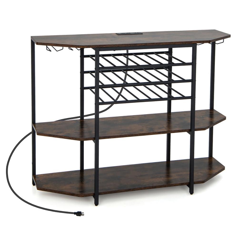 Brown 3-Tier Industrial Wine Bar Cabinet with Storage Shelves