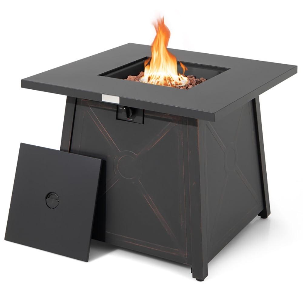 Black Steel 30-Inch Square Propane Fire Pit Table with Cover