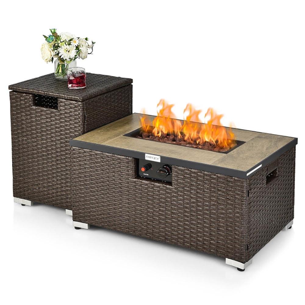 32" Brown PE Rattan Gas Fire Pit Table Set with Side Table