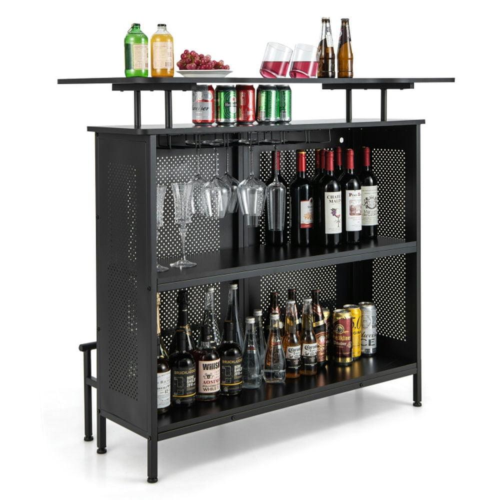 Costway 4-Tier Metal Home Bar Unit Liquor Bar Table with Storage Shelves & 6 Glass Holders